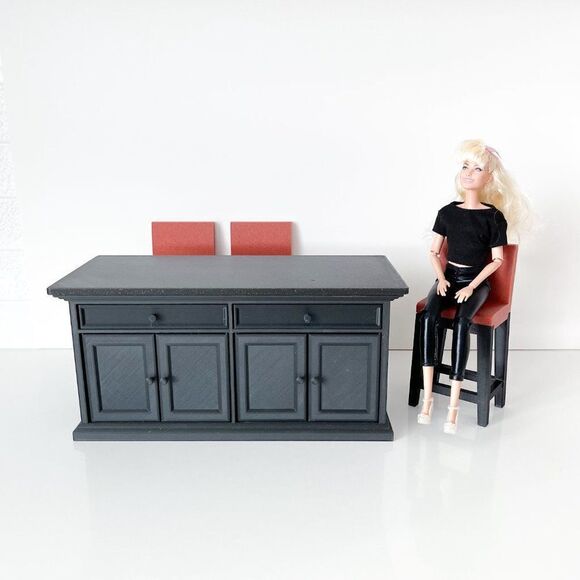 Barbie Integrity Doll Black Kitchen Island 1:6 Scale 3 Matched Chairs 3D Printed - Picture 6 of 13